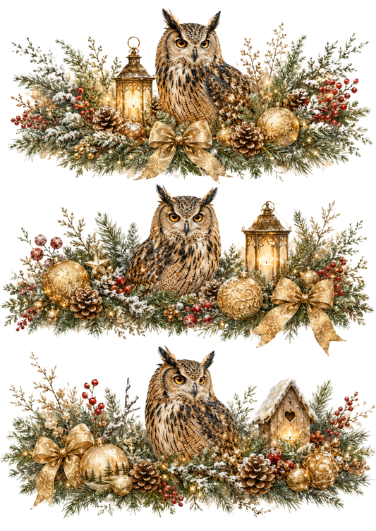 Sticker Sheet / Greeting Card – Snowy Owl Christmas Garlands Collage Cat. No. 10362