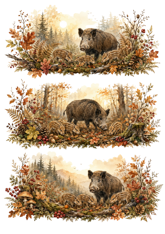 Sticker Sheet / Greeting Card – Autumn Boar Family Forest Vignettes Collage Cat. No. 10364