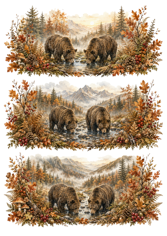Sticker Sheet / Greeting Card – Autumn Bear Family Forest Vignettes Collage Cat. No. 10365