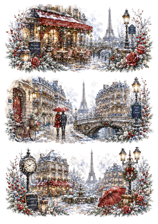 Sticker Sheet / Greeting Card – Romantic Winter Paris Watercolor Triptych Collage Cat. No. 10366