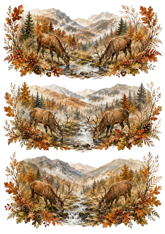Sticker Sheet / Greeting Card – Autumn Deer Family in the Misty Forest Collage Cat. No. 10367