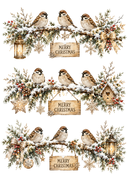 Sticker Sheet / Greeting Card – Autumn Watercolor Christmas Garlands with Sparrows Collage Cat. No. 10368