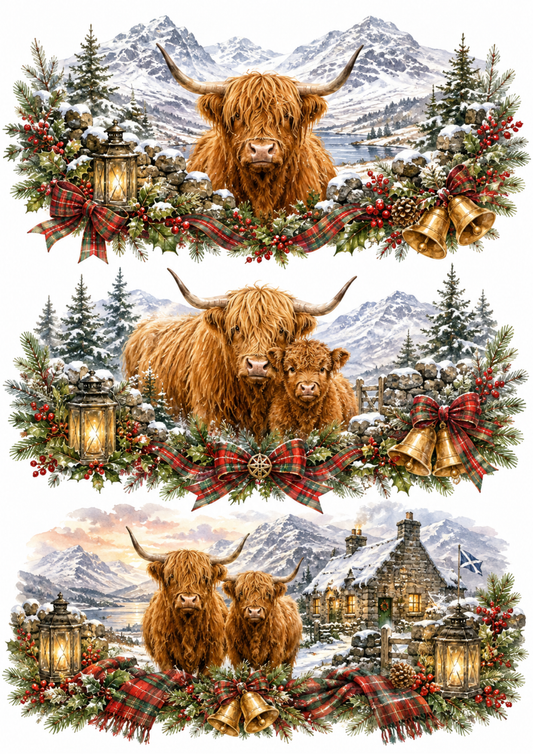 Sticker Sheet / Greeting Card – Scottish Highland Christmas Triptych Collage Cat. No. 10369