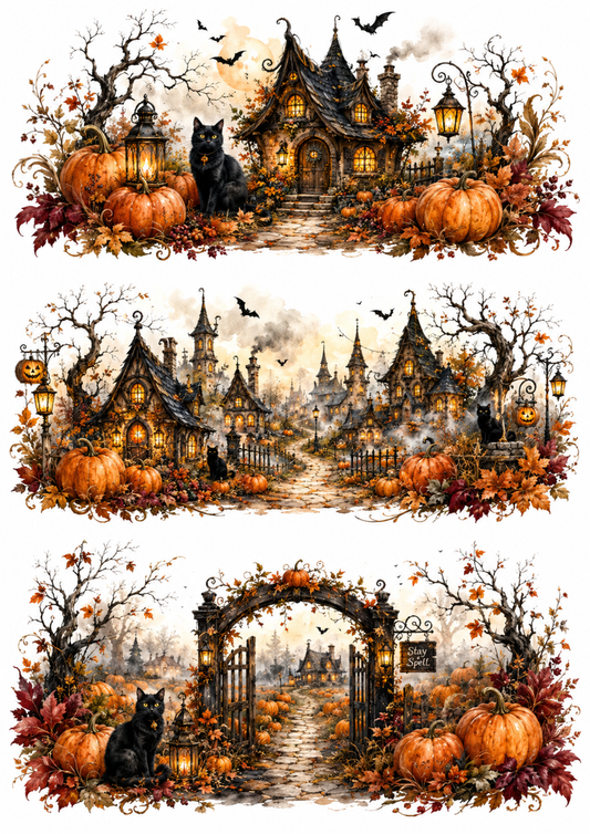 Sticker Sheet / Greeting Card – Whimsical Haunted Pumpkin Village Collage Cat. No. 10374