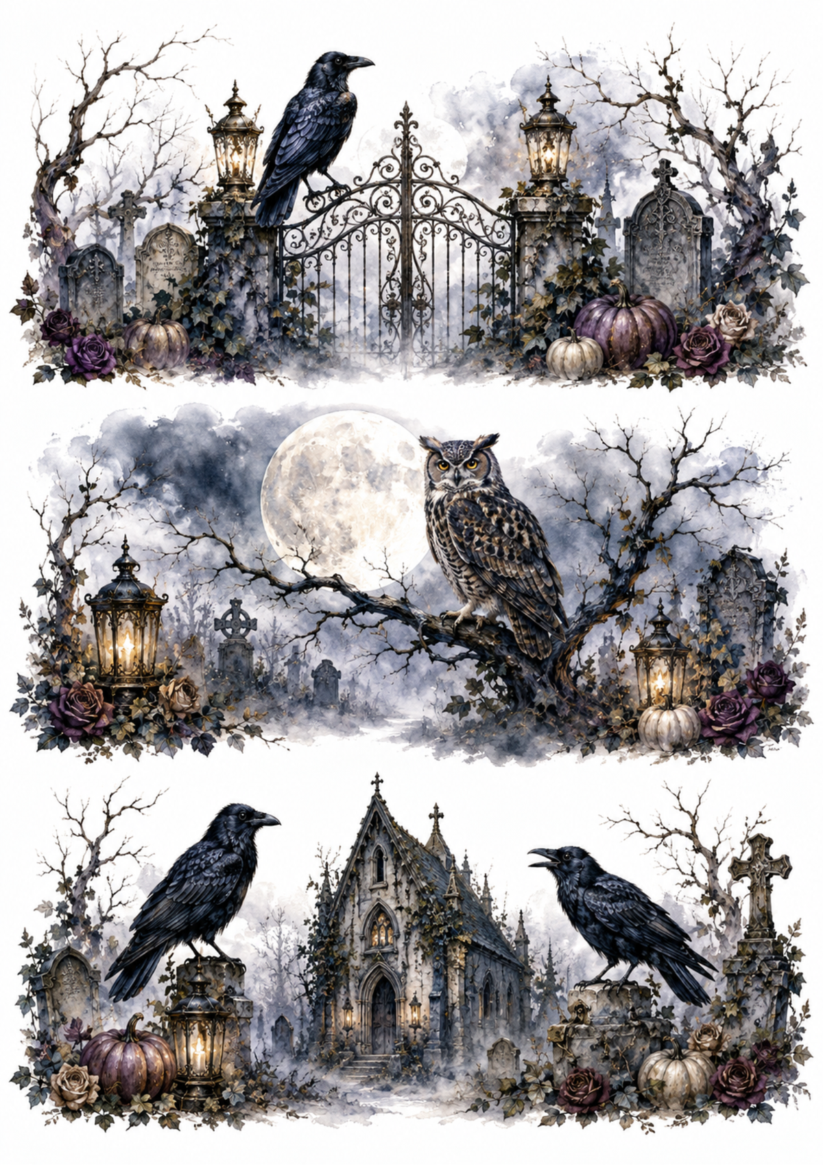 Sticker Sheet / Greeting Card – Gothic Cemetery Triptych at Moonrise Collage Cat. No. 10376