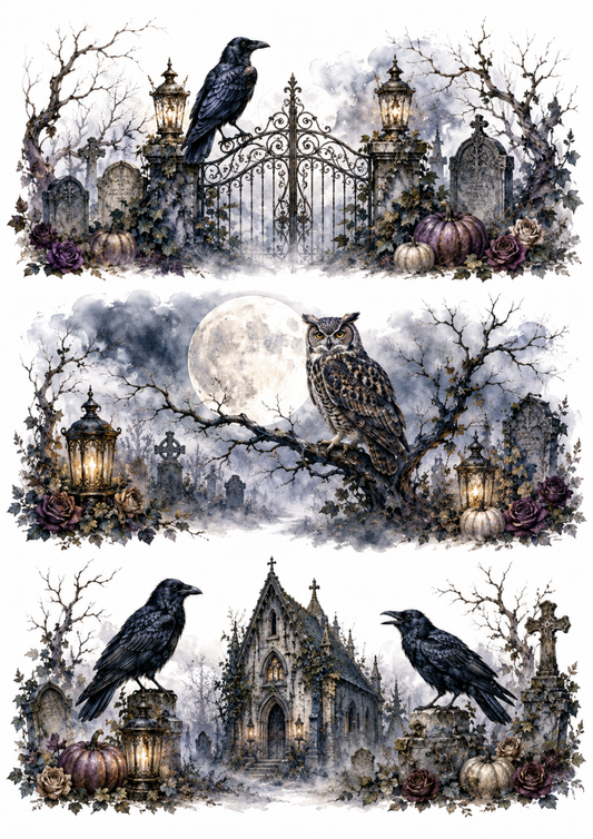 Sticker Sheet / Greeting Card – Gothic Cemetery Triptych at Moonrise Collage Cat. No. 10376