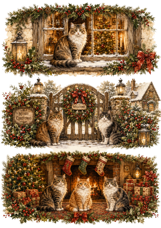 Sticker Sheet / Greeting Card – Cozy Christmas Cats Triptych Collage Cat. No. 10378