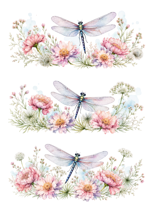 Sticker Sheet / Greeting Card – Three Pastel Dragonfly Garden Vignettes Collage Cat. No. 10385