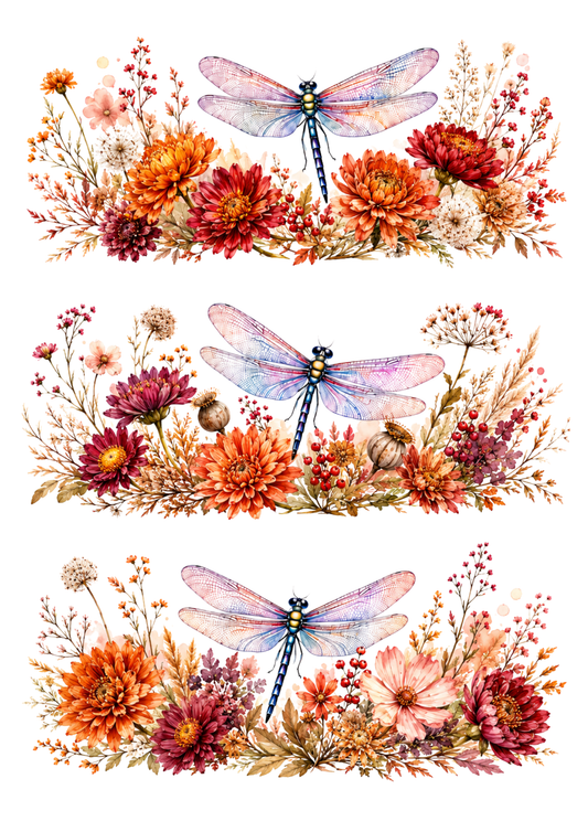 Sticker Sheet / Greeting Card – Autumn Dragonfly Floral Triptych Collage Cat. No. 10386