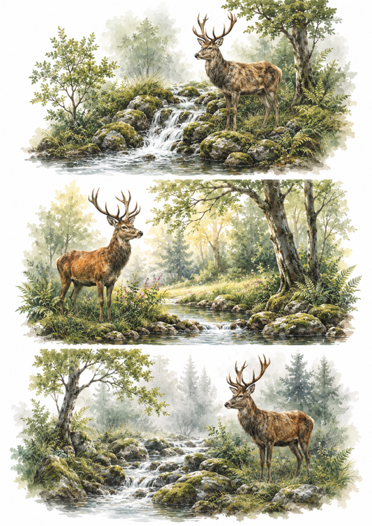 Sticker Sheet / Greeting Card – Stag in Misty Forest Triptych Collage Cat. No. 10388