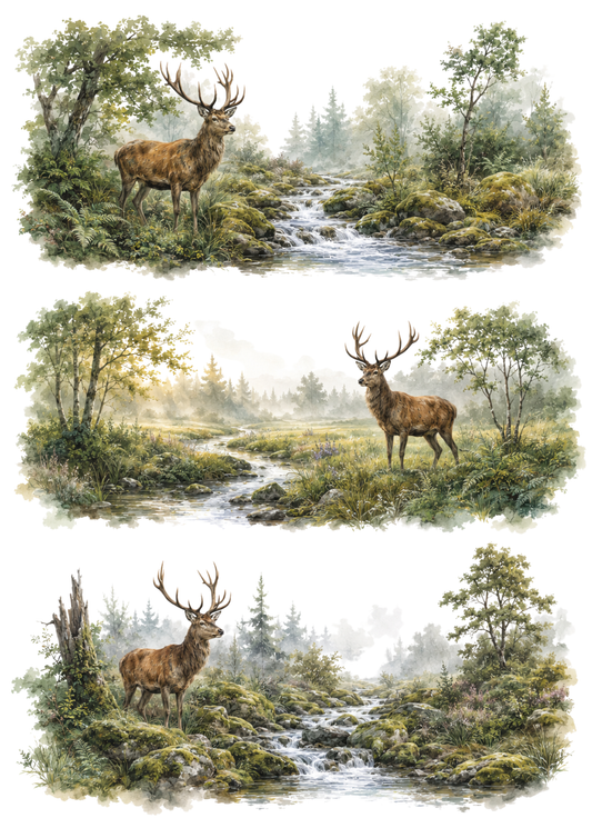 Sticker Sheet / Greeting Card – Stag in Misty Forest Triptych Collage Cat. No. 10389