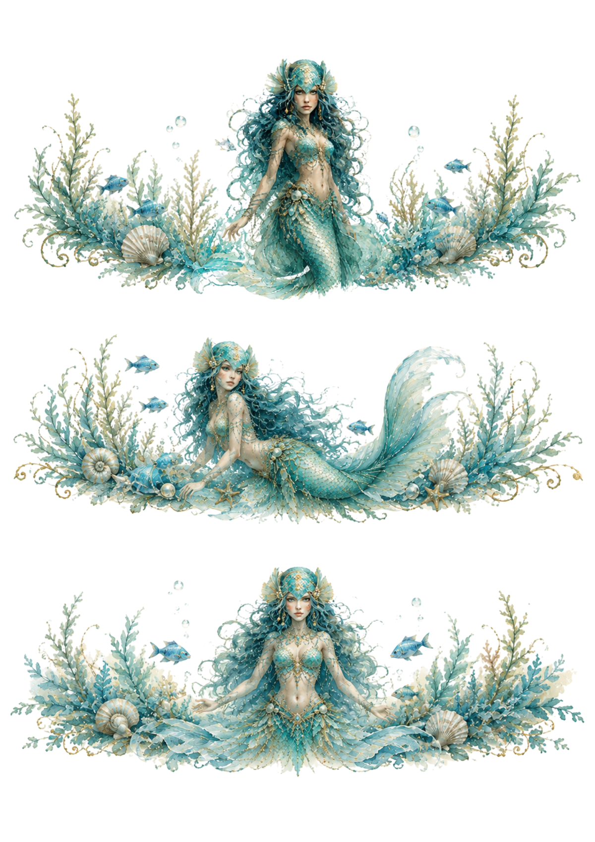 Sticker Sheet / Greeting Card – Ethereal Mermaid Goddess Triptych Collage Cat. No. 10391