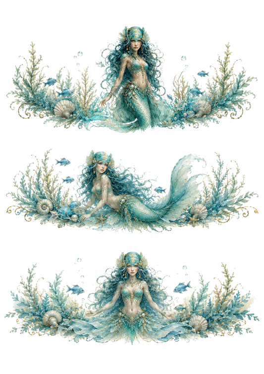 Sticker Sheet / Greeting Card – Ethereal Mermaid Goddess Triptych Collage Cat. No. 10391