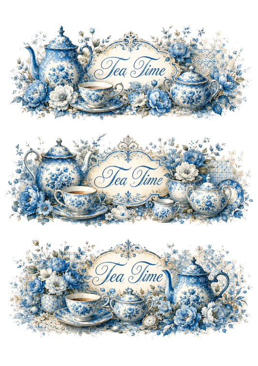 Sticker Sheet / Greeting Card – Vintage Blue-and-White Tea Time Banners Collage Cat. No. 10392