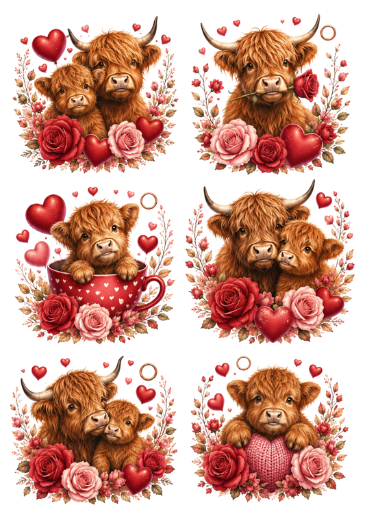 Sticker Sheet / Greeting Card – Valentine Highland Cow Collage Cat. No. 10406