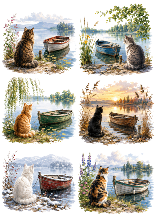 Sticker Sheet / Greeting Card – Cat by the Lakeside Collage Cat. No. 10408