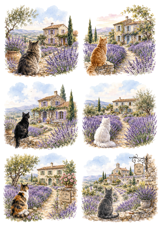 Sticker Sheet / Greeting Card – Cat & Lavender Field Collage Cat. No. 10409