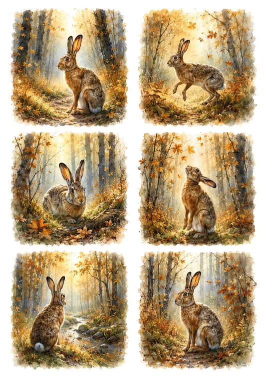 Sticker Sheet / Greeting Card – Wild Hare in Autumn Forest Collage Cat. No. 10419