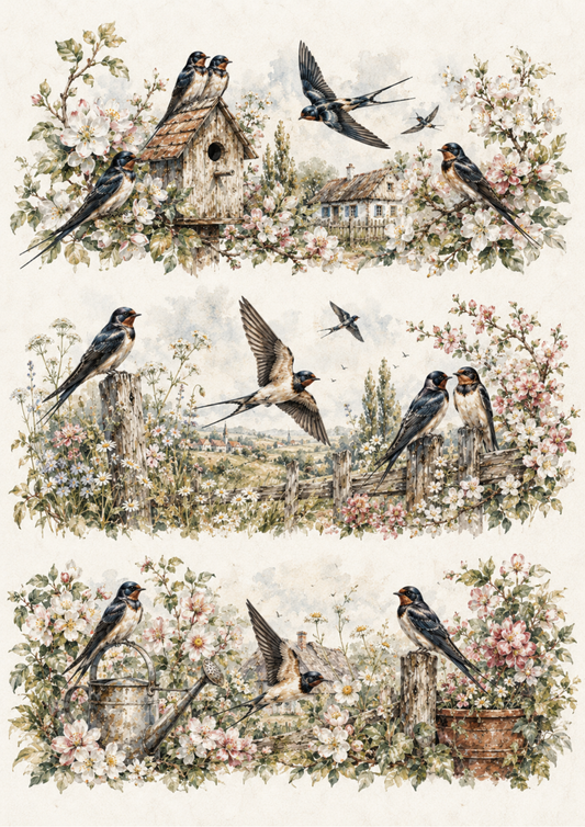 Sticker Sheet / Greeting Card – Spring Swallows in the Country Garden Collage Cat. No. 10440