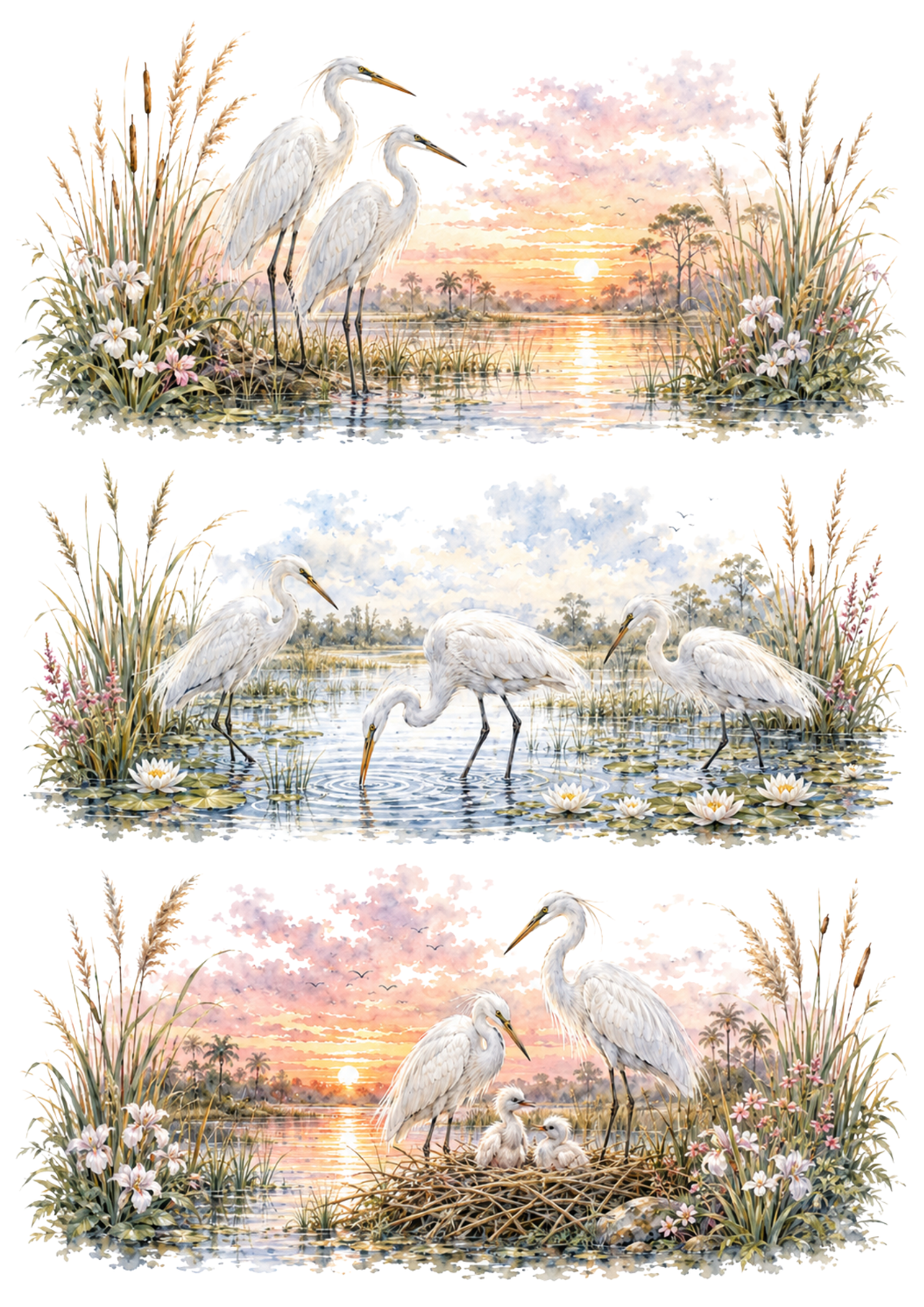 Sticker Sheet / Greeting Card – White Herons at Sunset Collage Cat. No 10444