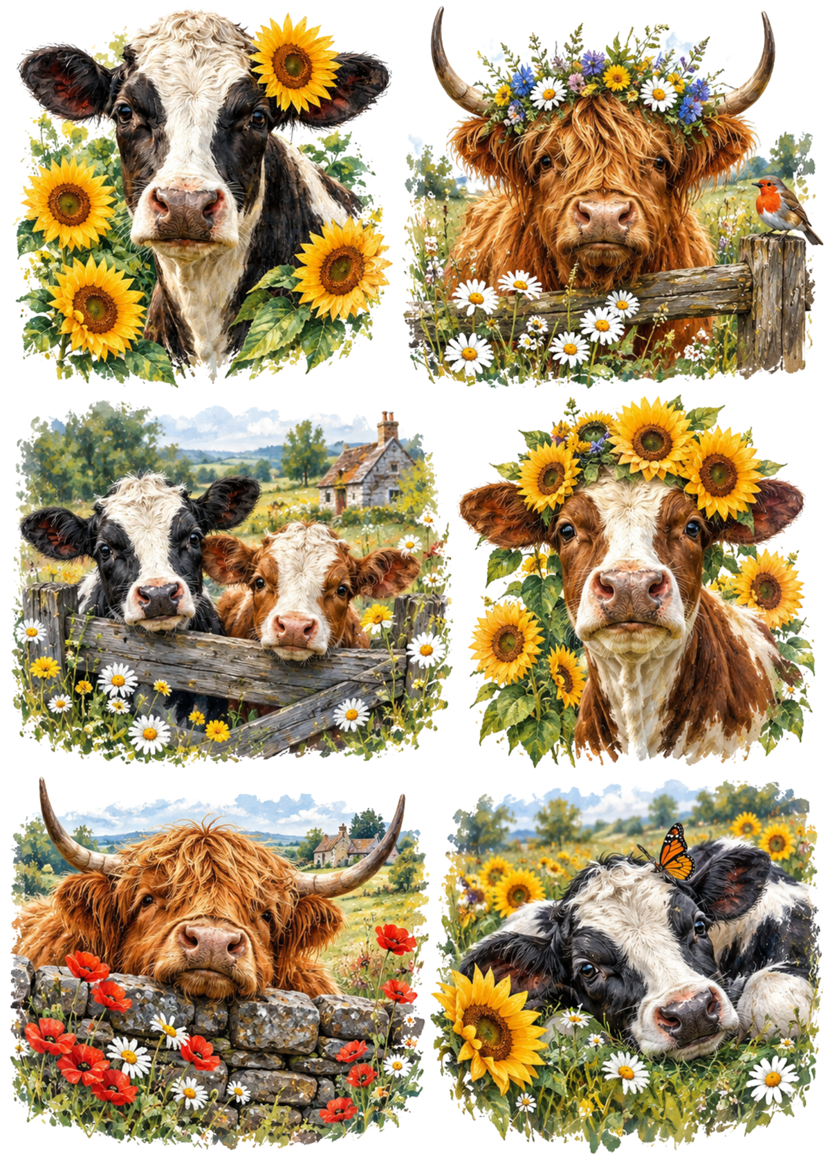 Sticker Sheet / Greeting Card – Cow in Summer Meadow Collage Cat. No 10465