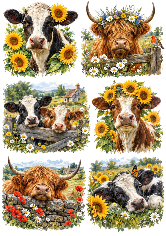 Sticker Sheet / Greeting Card – Cow in Summer Meadow Collage Cat. No 10465