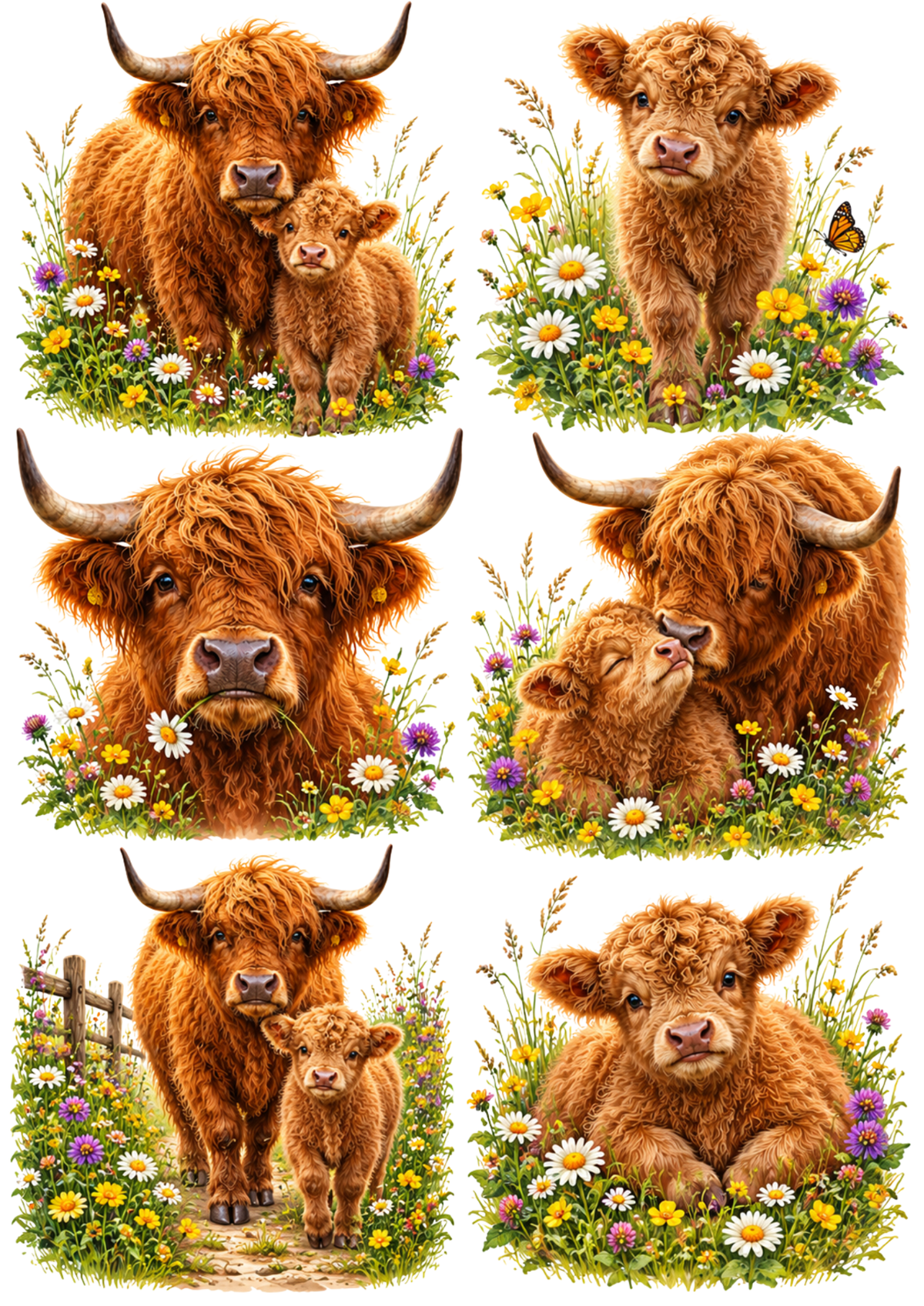 Sticker Sheet / Greeting Card – Highland Cow in the Meadow Collage Cat. No 10466