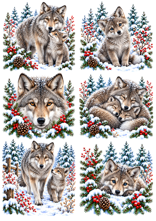 Sticker Sheet / Greeting Card – Winter Wolf Family Scene Collage Cat. No 10472
