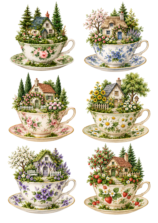 Sticker Sheet / Greeting Card – Cottages in a Teacup Garden Collage Cat. No 10477