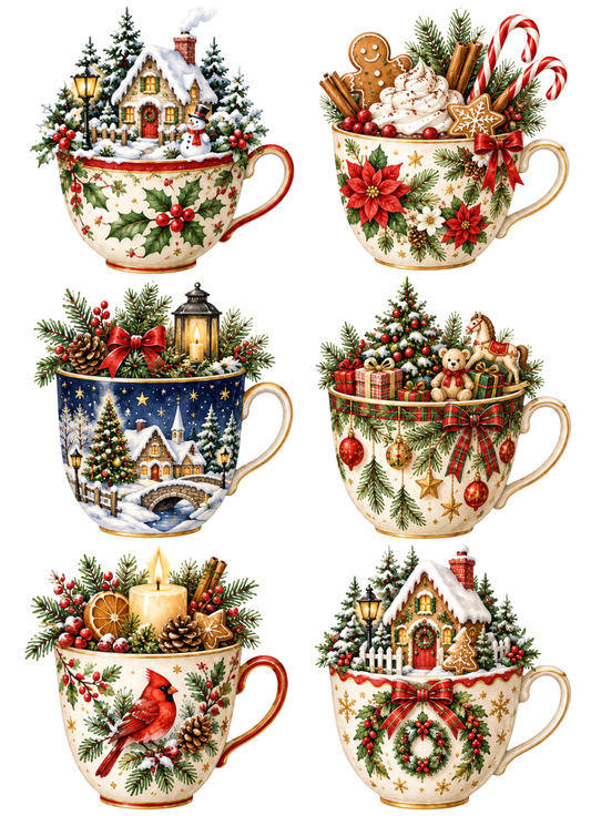 Sticker Sheet / Greeting Card – Christmas Cottages in a Teacup Garden Collage Cat. No 10478