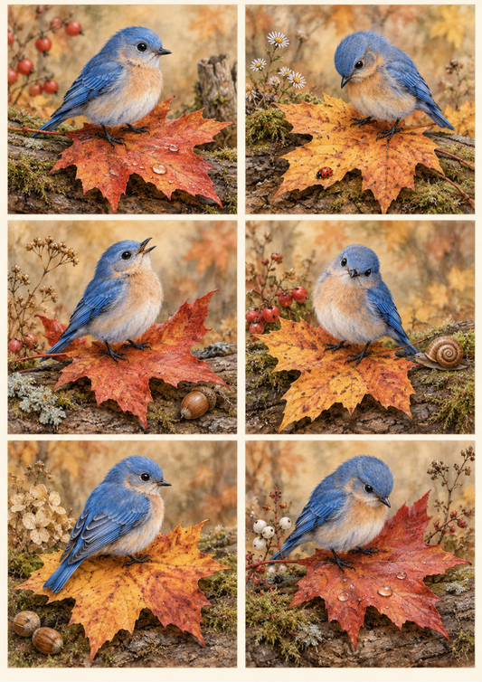 Sticker Sheet / Greeting Card – Autumn Bluebird on Maple Leaves Collage Cat. No 10513