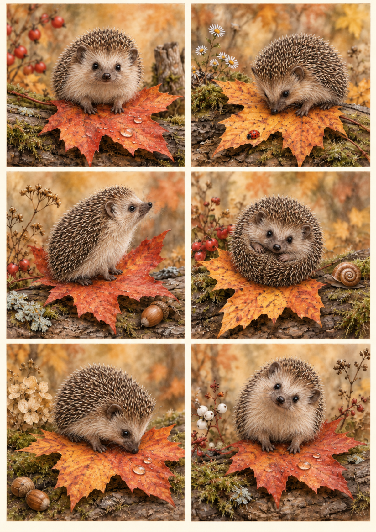 Sticker Sheet / Greeting Card – Autumn Hedgehog on Maple Leaves Collage Cat. No 10514