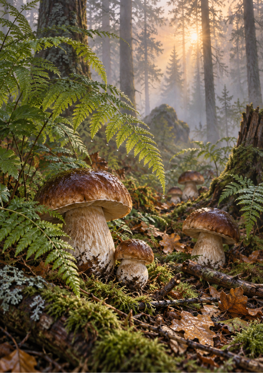 Sticker Sheet / Greeting Card – Porcini in the Morning Forest Full Cat. No 10518