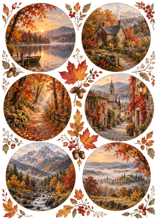 Sticker Sheet / Greeting Card – Autumn Landscape Circles Collage Cat. No 10524