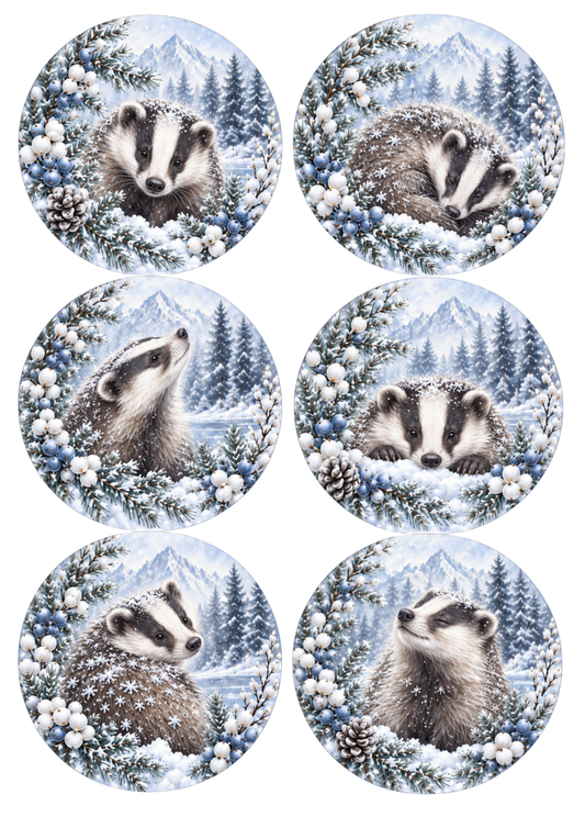 Sticker Sheet / Greeting Card – Snowy Woodland Badger Collage Cat. No 10535