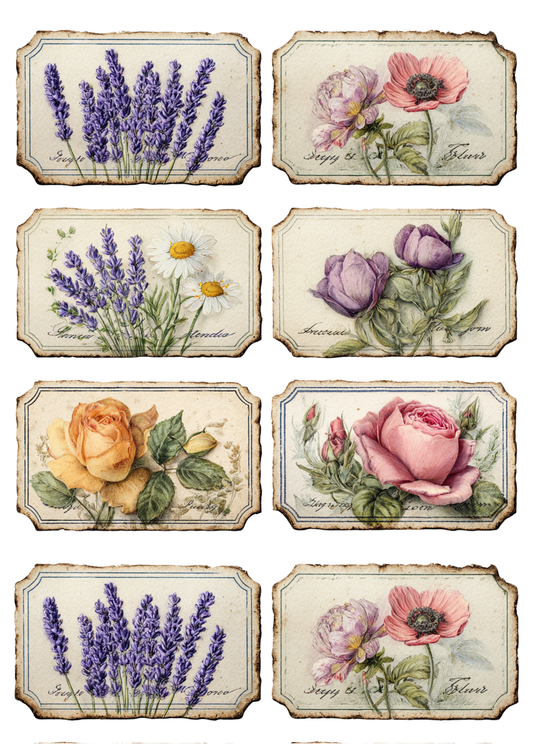 Sticker Sheet / Greeting Card – Vintage Floral Labels Collage Cat. No 10565