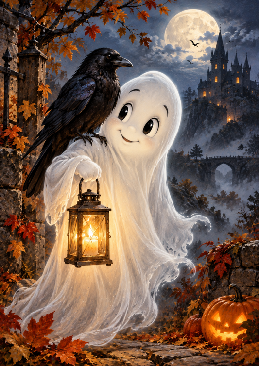 Sticker Sheet / Greeting Card – Halloween Ghost & Raven Full Cat. No 10576