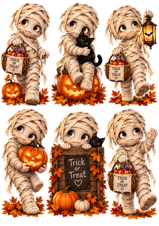 Sticker Sheet / Greeting Card – Little Mummy’s Trick or Treat Adventure Collage Cat. No 10579