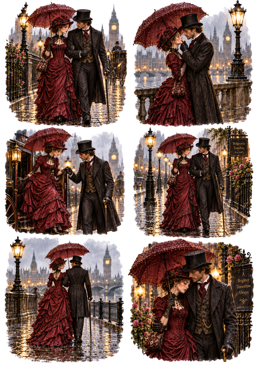 Sticker Sheet / Greeting Card – Victorian Rainy London Romance Vignettes Collage Cat. No 10591