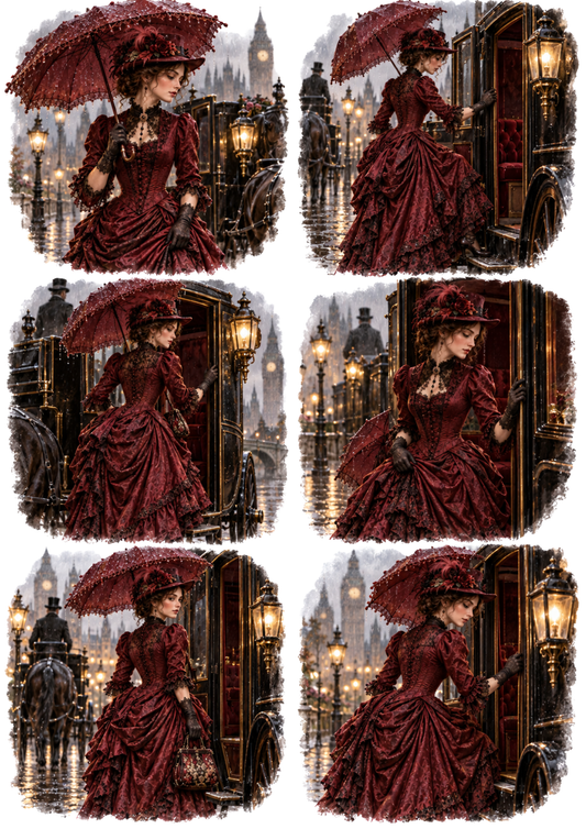 Sticker Sheet / Greeting Card – Victorian Rainy Carriage Vignettes Collage Cat. No 10592