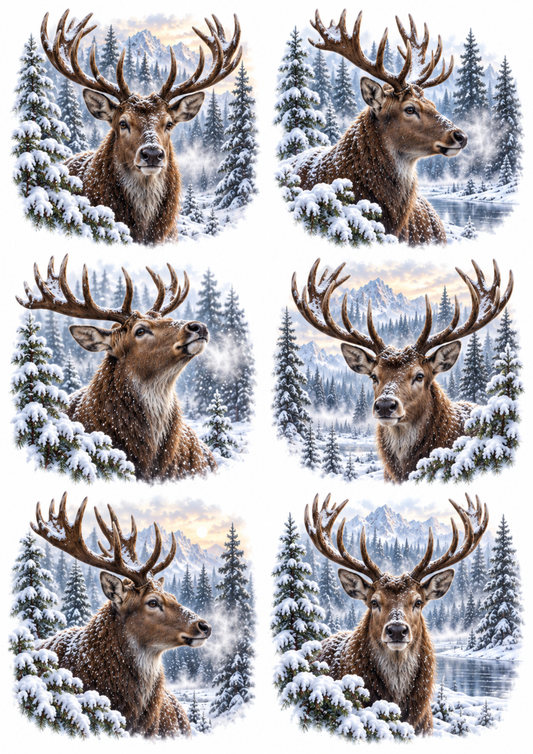 Sticker Sheet / Greeting Card – Snowy Stag Portraits in Alpine Forests Collage Cat. No 10599