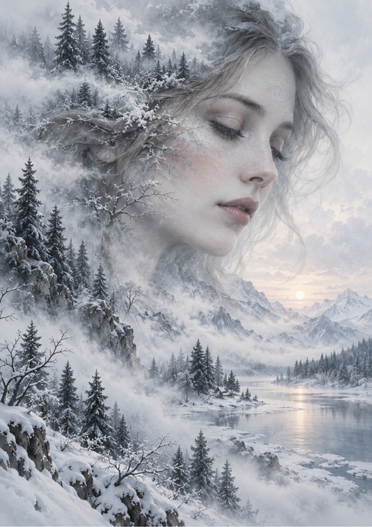 Sticker Sheet / Greeting Card – Winter Spirit in a Snowy Dreamscape Full Cat. No 10600