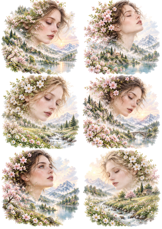 Sticker Sheet / Greeting Card – Dreamy Blossom Landscapes: Six Ethereal Portraits Collage Cat. No 10603
