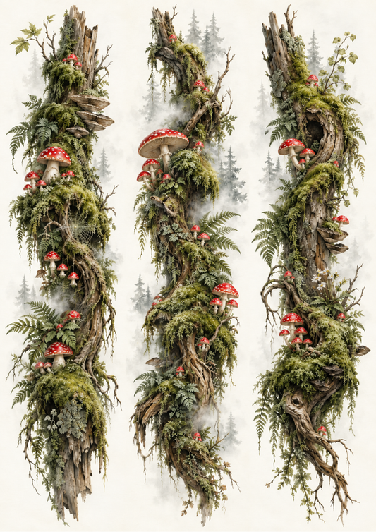 Sticker Sheet / Greeting Card – Mossy Amanita Forest Triptych Collage Cat. No 10606