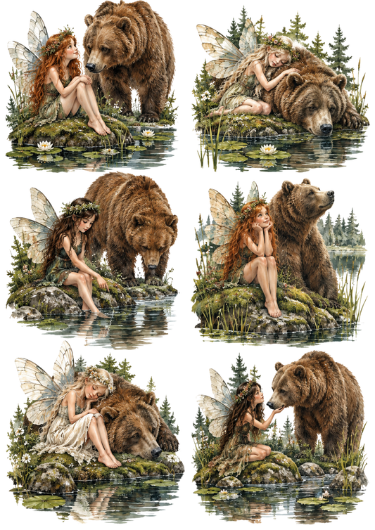 Sticker Sheet / Greeting Card – Whimsical Fairies and Woodland Bears Collage Cat. No 10608