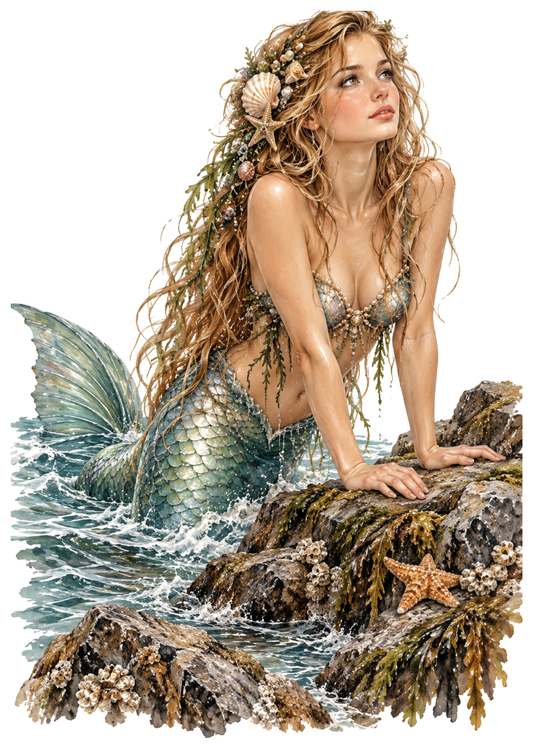 Sticker Sheet / Greeting Card – Dreamy Mermaid Emerging from the Sea Full Cat. No 10609