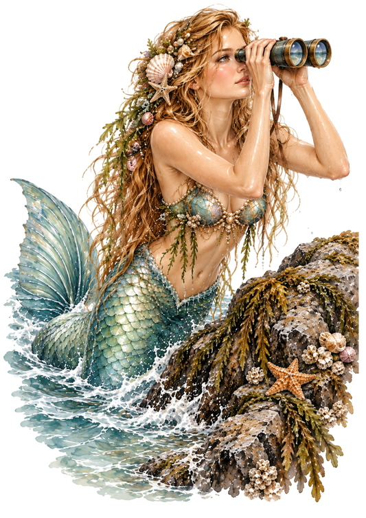 Sticker Sheet / Greeting Card – Mermaid Scout on Coastal Rocks Cat. No 10612