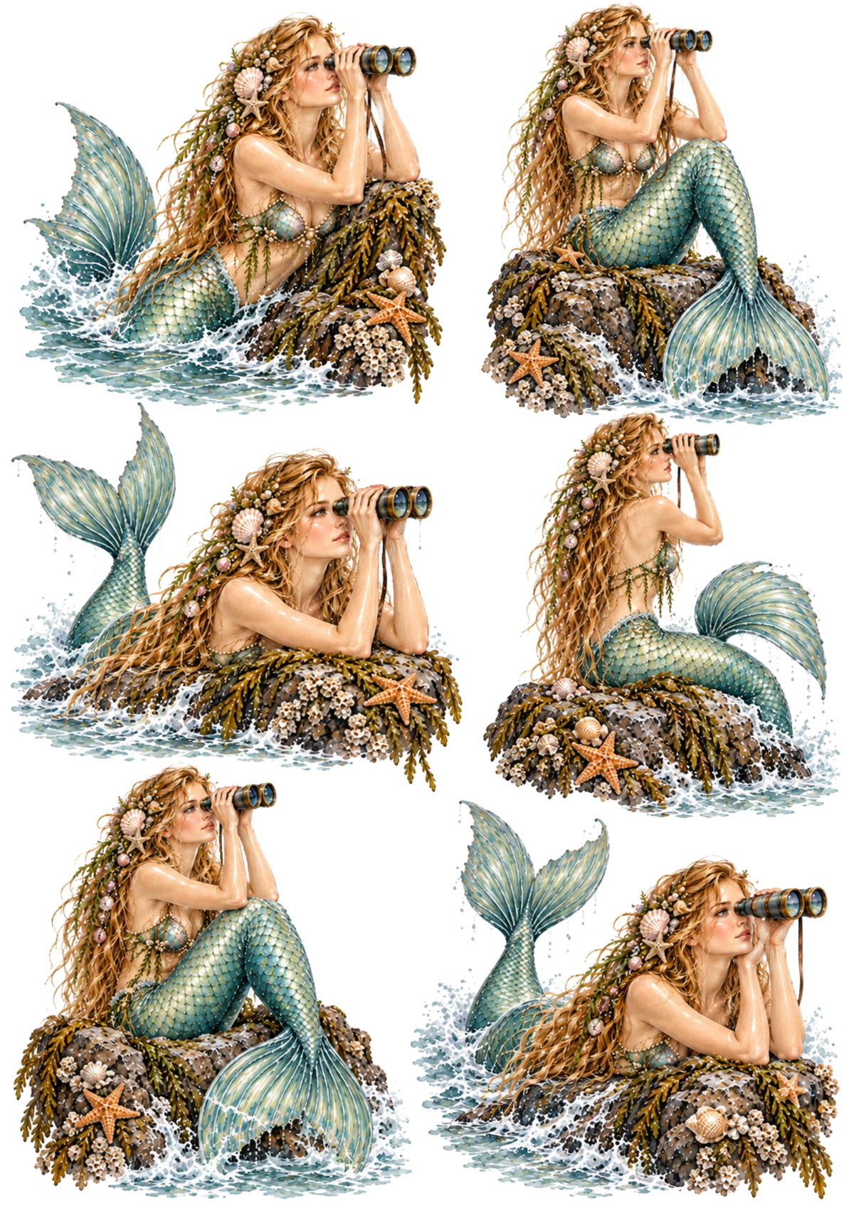 Sticker Sheet / Greeting Card – Mermaid Binoculars: Coastal Fantasy Collage Cat. No 10613