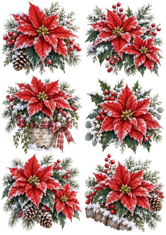 Sticker Sheet / Greeting Card – Frosted Poinsettia Holiday Botanical Collage Cat. No 10617