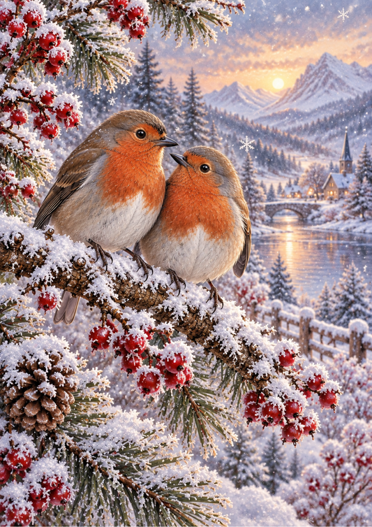 Sticker Sheet / Greeting Card – Snowy Robin Companions at Sunset Cat. No 10618
